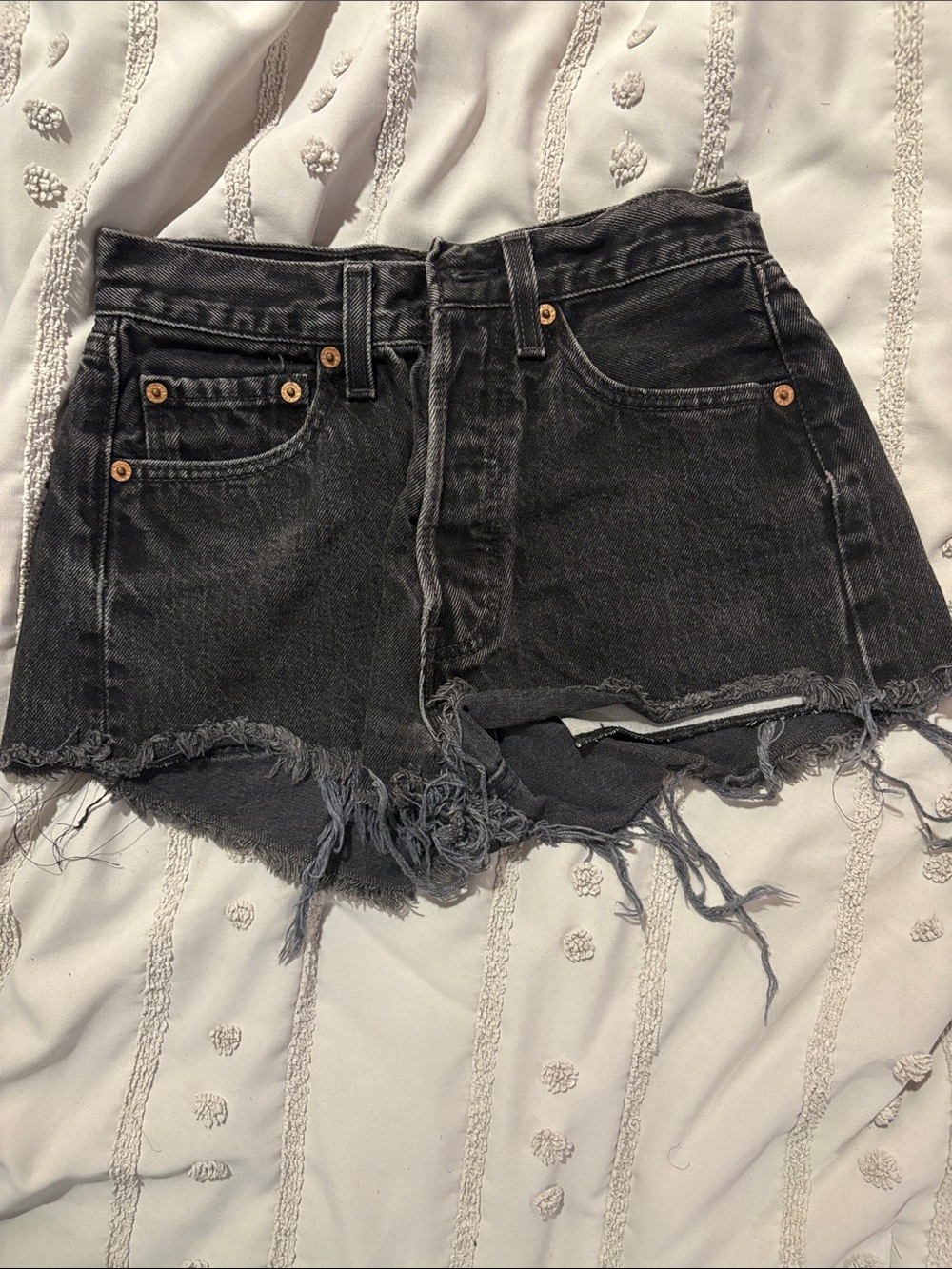 Reformation Black Washed Frayed Denim Shorts